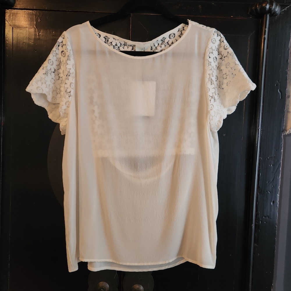 Heather Silk Top, Floral Lace, Scalloped Sleeved Draped Back Sz L NWT Revolve